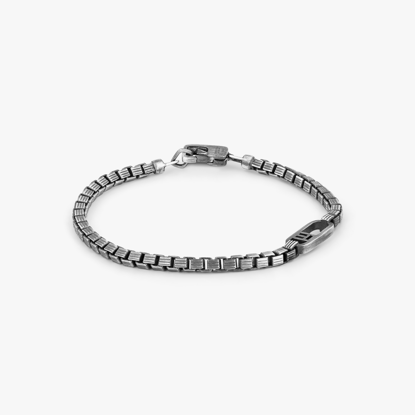 Catena Signifier Trigato Box Chain Bracelet in Oxidised Plated Silver with "T" Logo