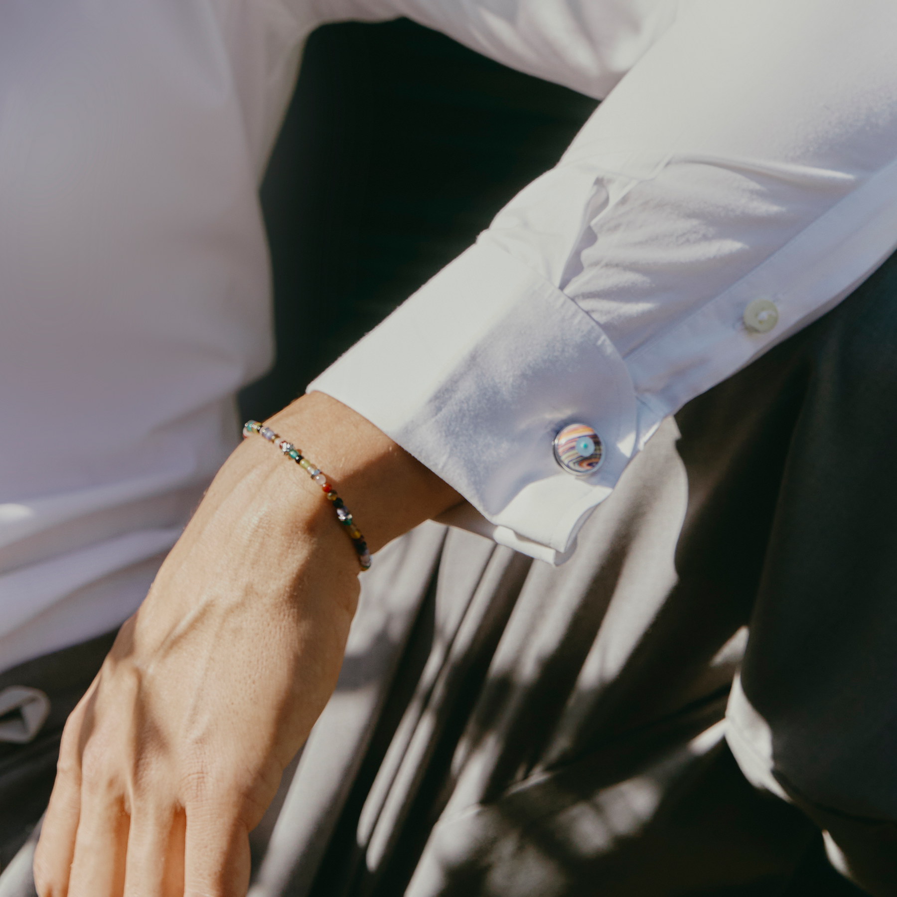 Tateossian Milos Evil Eye Cufflinks in Mutlicolour Resin & White Mother of Pearl