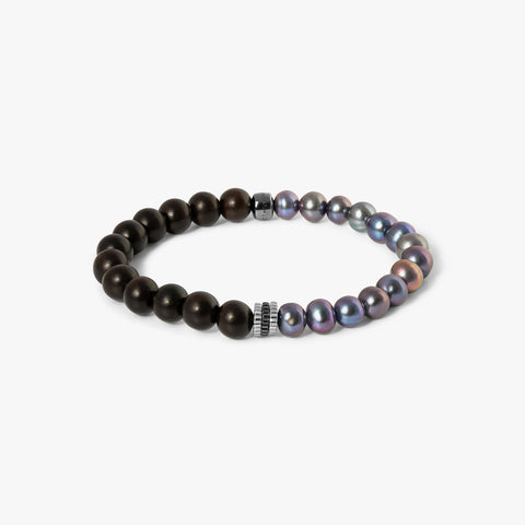 Gear Trio Bracelet With Wood Beads & Black Pearls