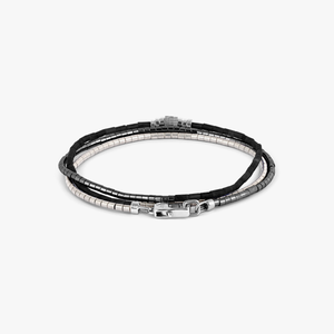 Navaho Triple Wrap Bracelet In Rhodium With Black Agate & Hematite