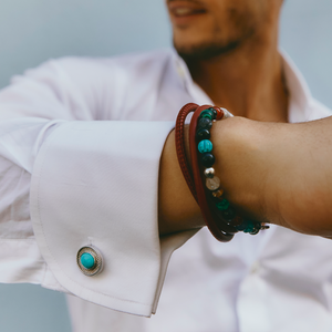 Cable Oval Cufflinks in Rhodium & Turquoise