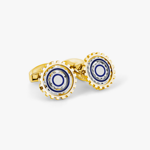 Orbit Gear Cufflinks in Yellow Gold & Blue Enamel