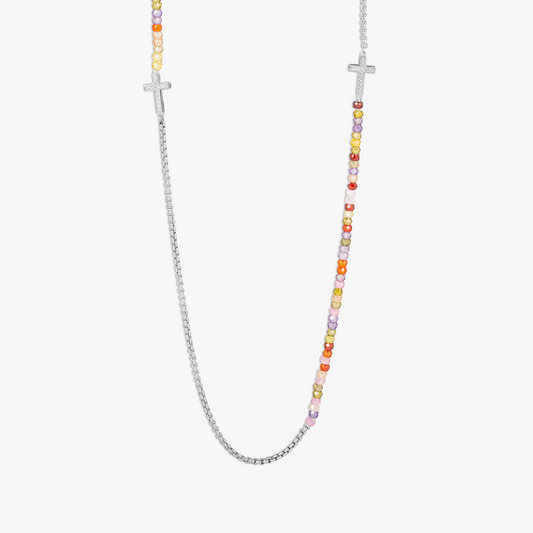 Ipanema Cross Necklace In Silver With Coloured Stones