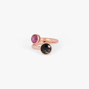 14K satin rose gold Kensington ring with black rutilated quartz and ruby root