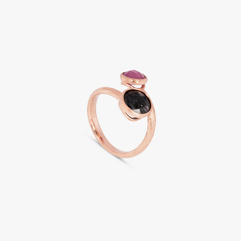 14K satin rose gold Kensington ring with black rutilated quartz and ruby root
