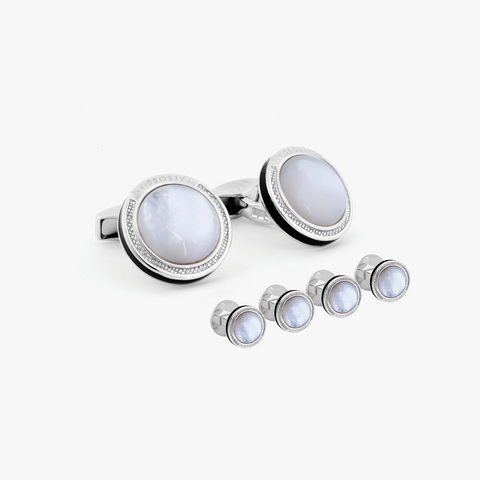 White Mother of Pearl Sterling Silver Signature Round  Cufflink & Shirt Stud Set