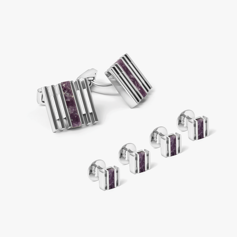 THOMPSON Stripe Grille Cufflink and Shirt Studs in Palladium Plated with Amethyst