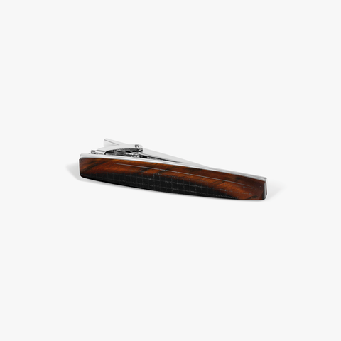 THOMPSON Woven Tonneau Tie Clip in White Bronze Plated with Brown Tiger Eye