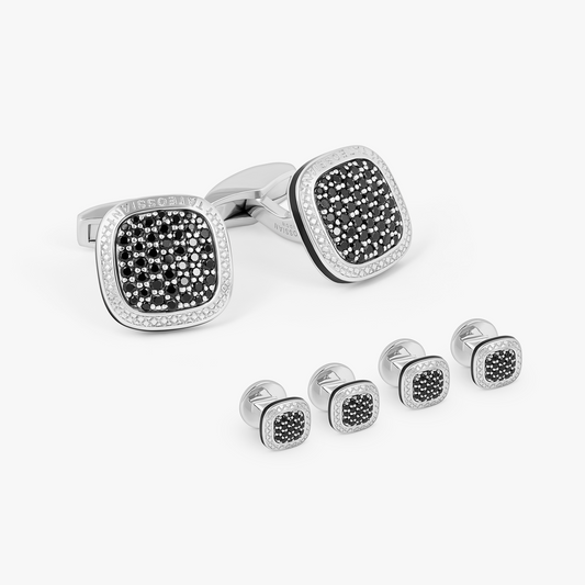 Diamond Signature Cufflinks & Dress Shirt Studs In Rhodium & Spinel