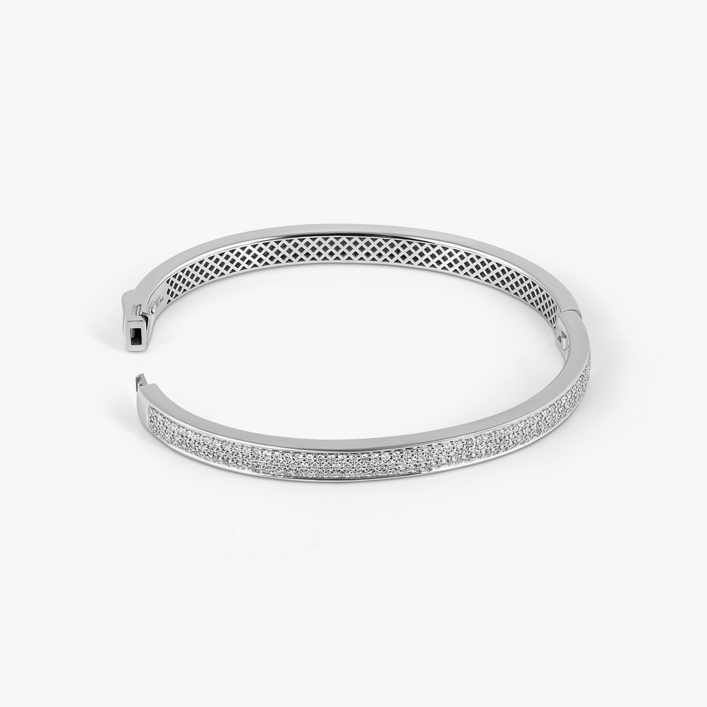 Buckingham Hinge Cuff Bangle in Rhodium Silver with White Diamond