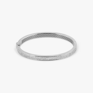 Buckingham Hinge Cuff Bangle in Rhodium Silver with White Diamond