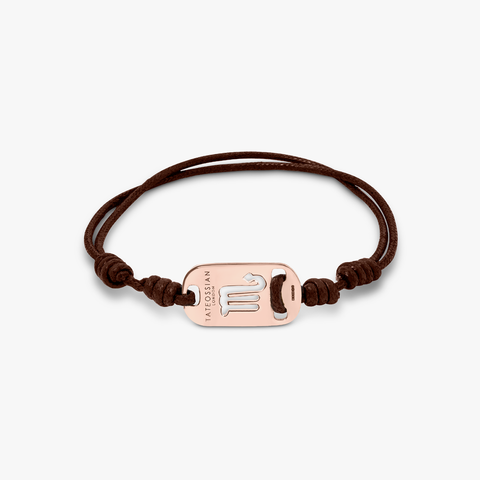 18K rose gold Scorpio bracelet with brown cord