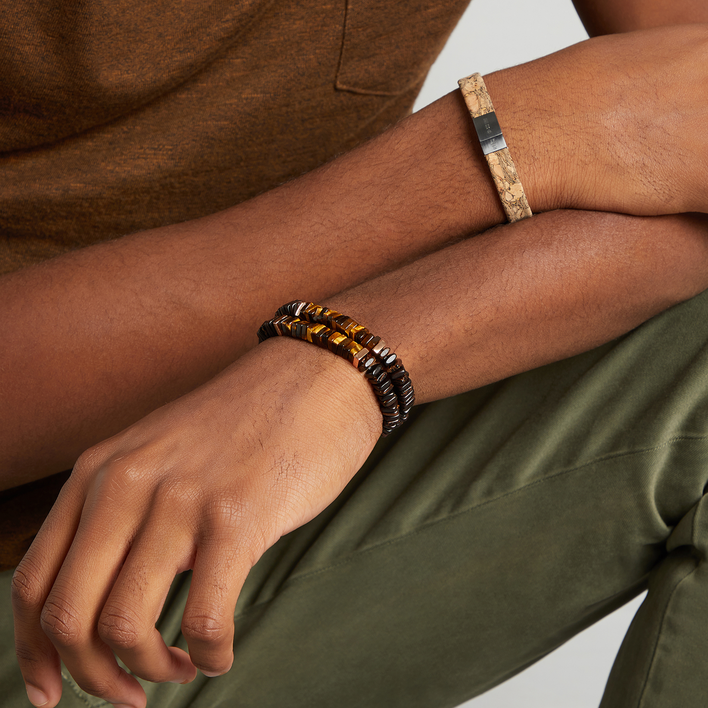 Legno bracelet in tiger eye, palm and ebony wood with rose gold plated sterling silver (UK) 4