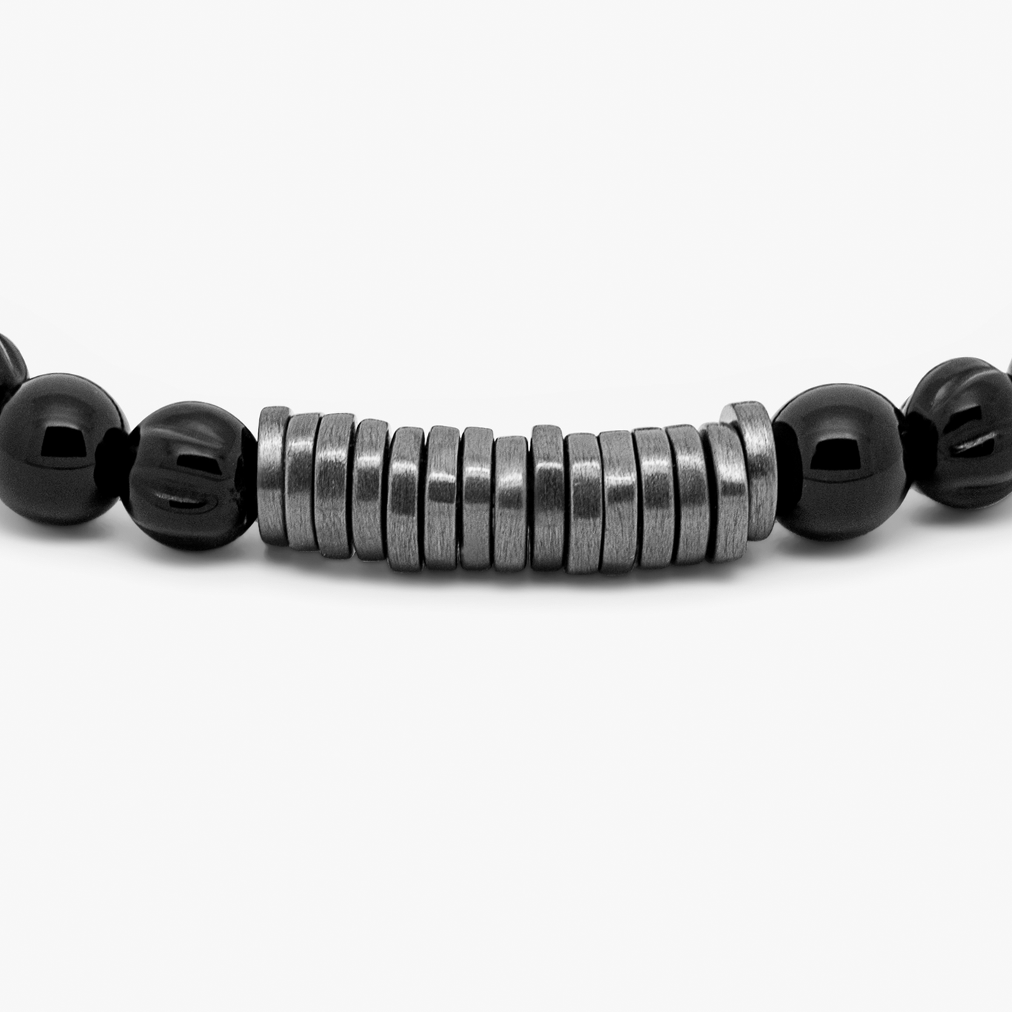 Classic Discs Beaded Bracelet With Black Agate In Black Ruthenium