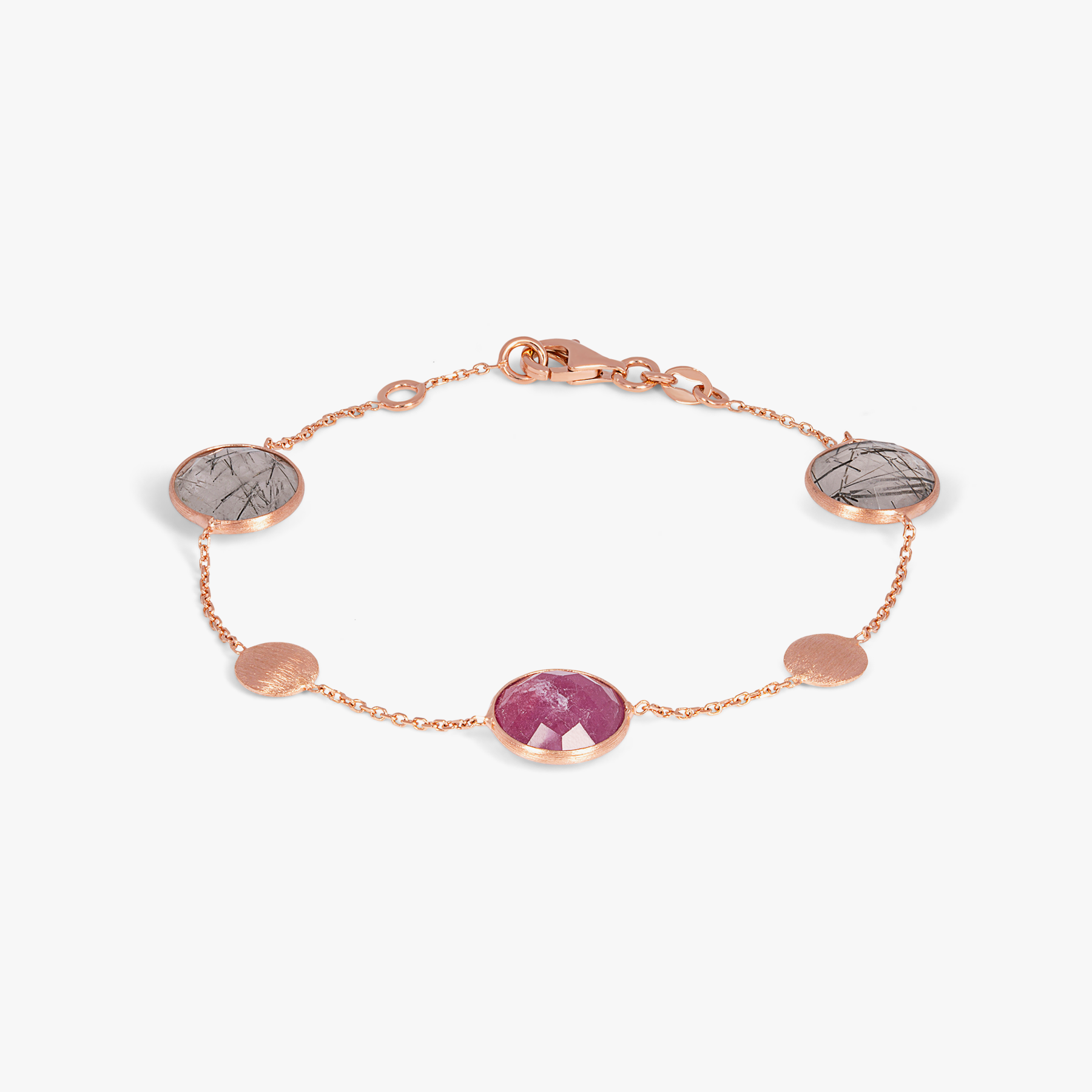 Kensington bracelet with black rutilated quartz and ruby in 14k satin rose gold (UK) 1