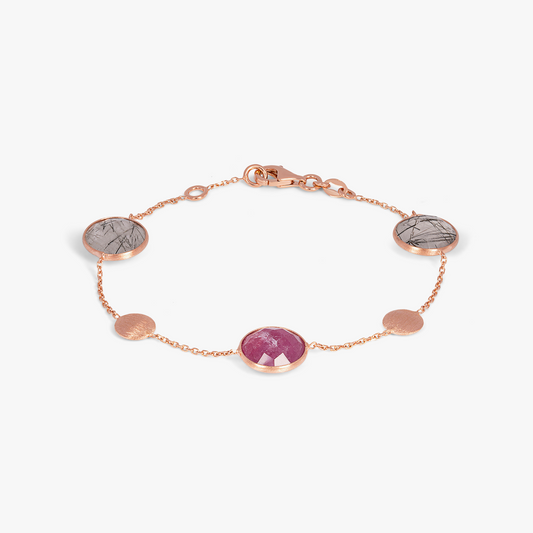 Kensington bracelet with black rutilated quartz and ruby in 14k satin rose gold (UK) 1