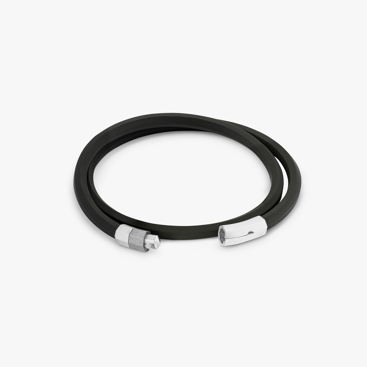 Black rubber Octagon click bracelet with rhodium-plated sterling silver