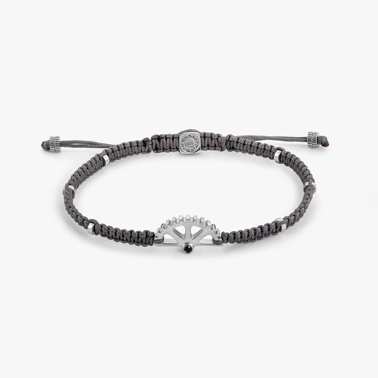 Puzzle Gear Grey Macrame Bracelet in Rhodium Silver with Black Spinel