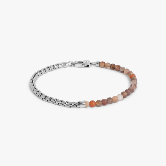 Sennit Beaded Box Chain Bracelet in Rhodium Silver with Multicolour Botswana Agate