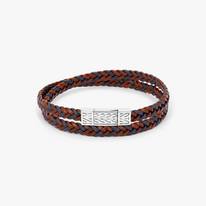 Herringbone Click Coda Di Volpe Pelle Leather Bracelet in Rhodium Silver with Blue and Brown