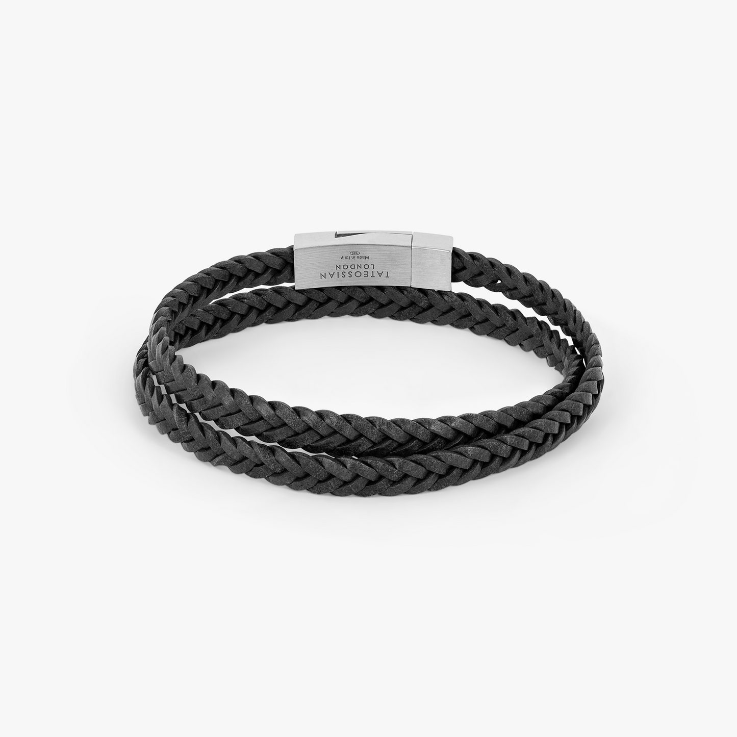 Herringbone Click Coda Di Volpe Pelle Leather Bracelet in Rhodium Silver with Black