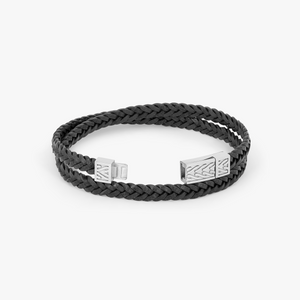 Herringbone Click Coda Di Volpe Pelle Leather Bracelet in Rhodium Silver with Black