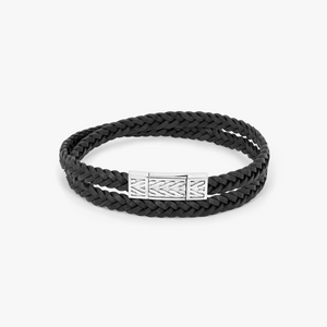 Herringbone Click Coda Di Volpe Pelle Leather Bracelet in Rhodium Silver with Black