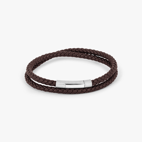 Giza Click Pelle Double Wrap Brown Leather Bracelet in Rhodium Silver