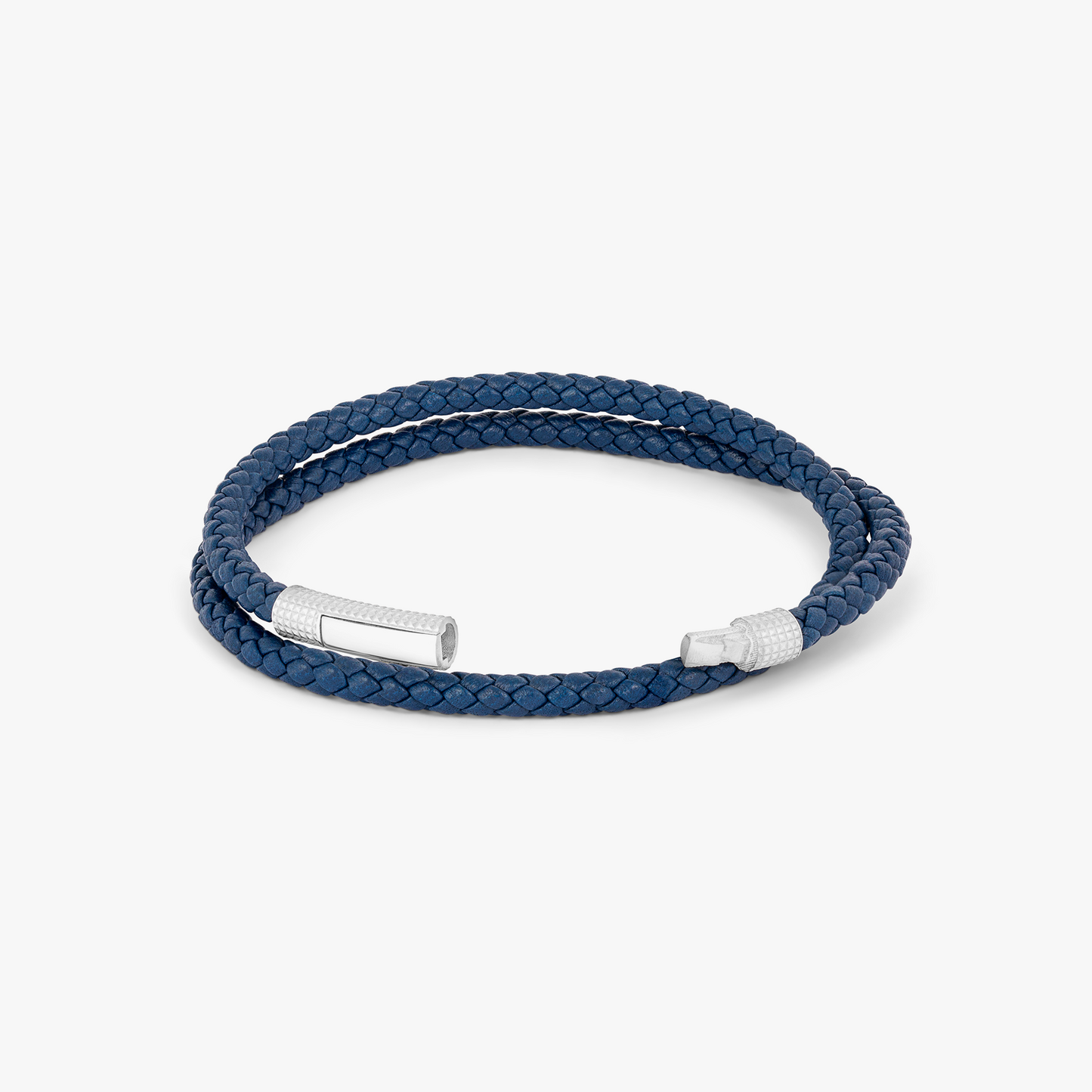 Giza Click Pelle Double Wrap Blue Leather Bracelet in Rhodium Silver