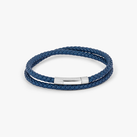 Giza Click Pelle Double Wrap Blue Leather Bracelet in Rhodium Silver