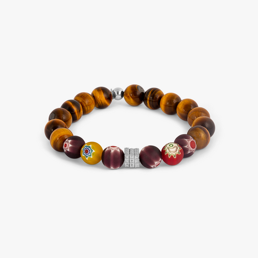 Millefiori Maxi Beaded Bracelet in Stainless Steel with Tiger Eye