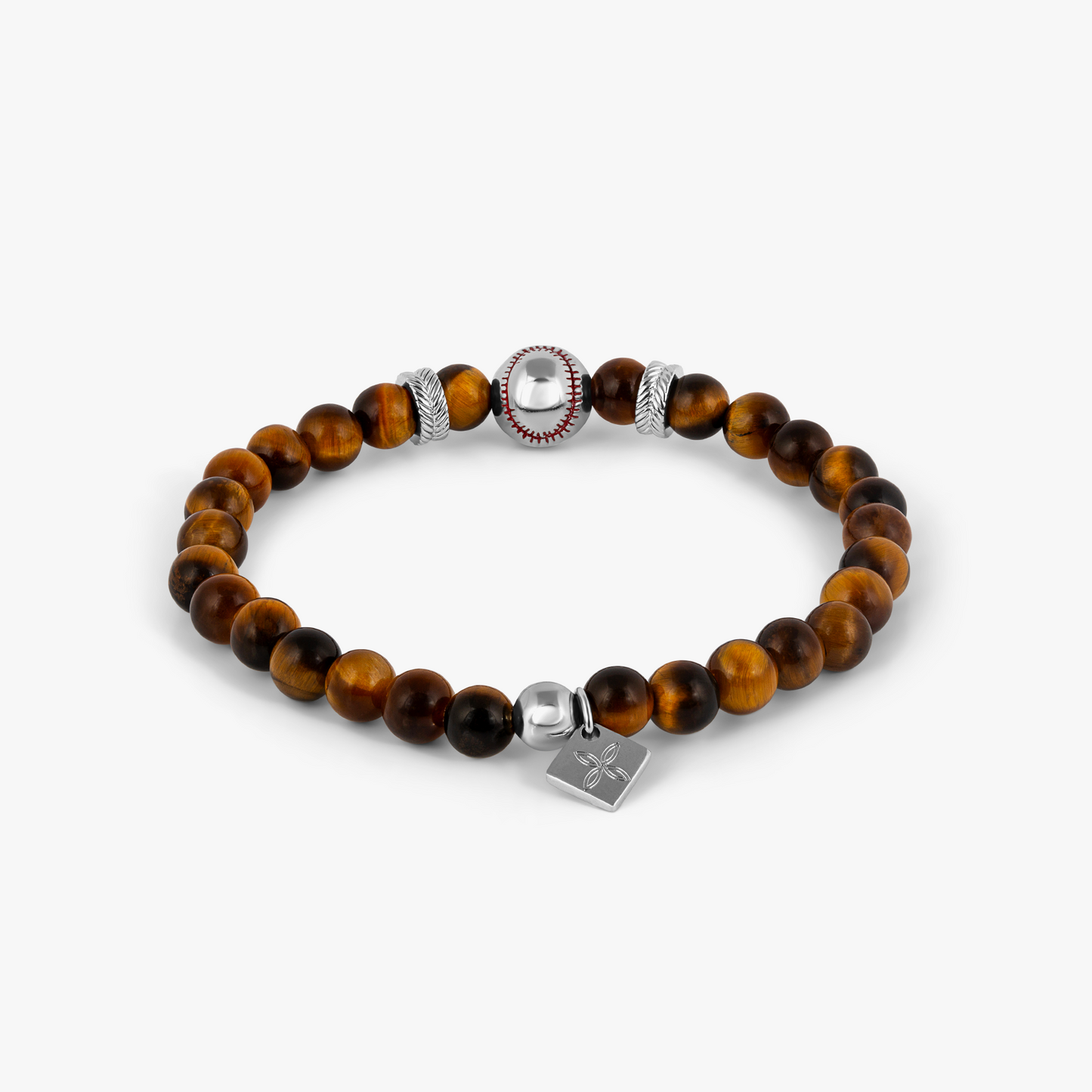 THOMPSON Baseball Beaded Bracelet in Stainless Steel with Brown Tiger Eye