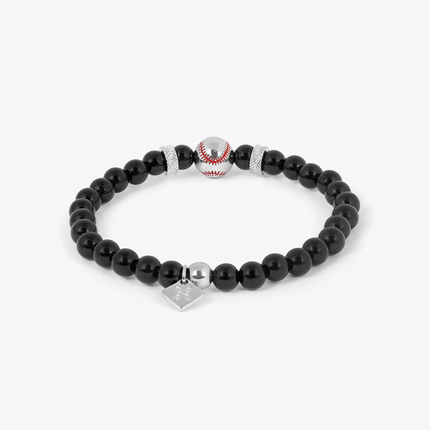 THOMPSON Baseball Beaded Bracelet in Stainless Steel with Black Agate