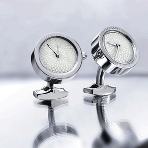 White Mother of Pearl Stainless Steel Guilloche Watch Cufflinks
