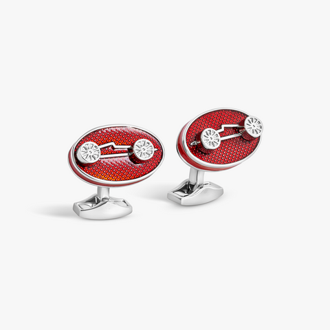 Sports Ice Racing Car Cufflinks in Palladium Plated with Red Enamel