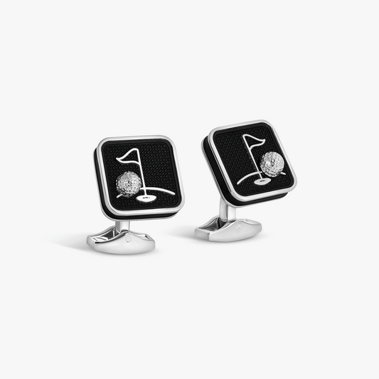 Sports Ice Golf Cufflinks in Palladium Plated with Black Enamel