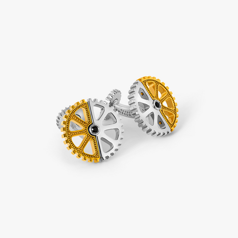 Puzzle Gear Cufflinks in Rhodium and Yellow Gold Plated with Black Spinel