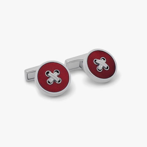 THOMPSON Tambor Button Cufflinks in Palladium Plated with Red Enamel