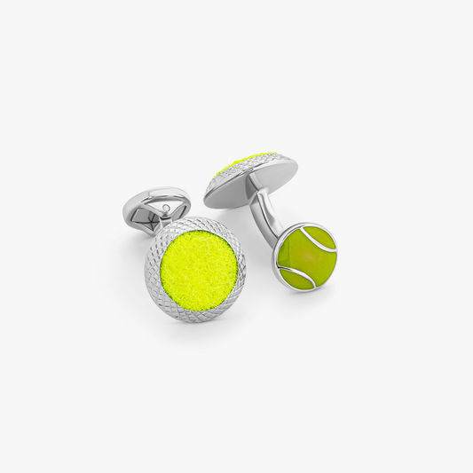 Tennis Ball Cufflinks With Green Enamel In Palladium Plated