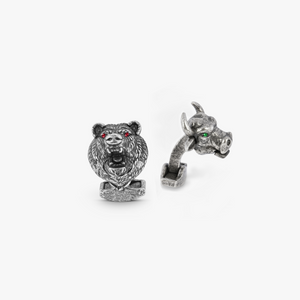 Bear And Bull Mechanical Cufflinks With Swarovski Elements In Oxidised Silver
