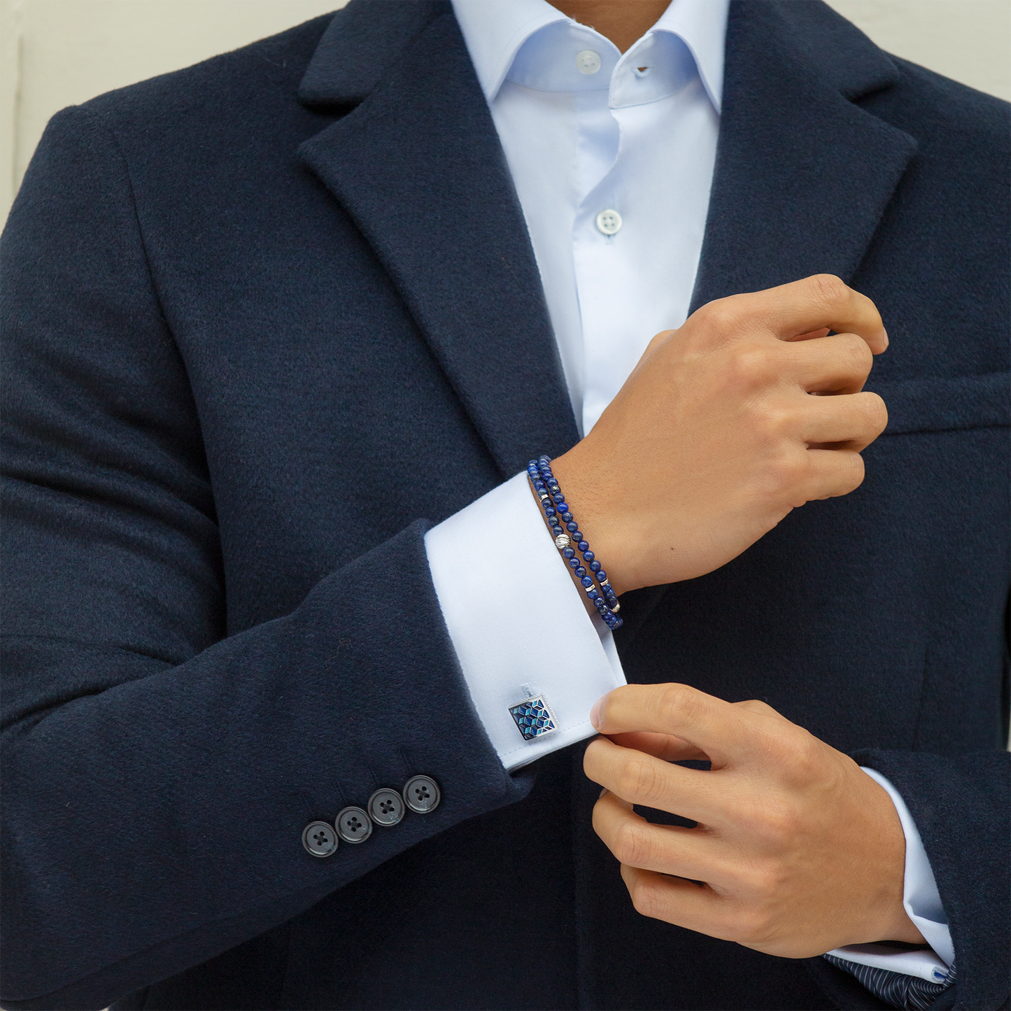 Palladium plated Geometric cufflinks with blue enamel