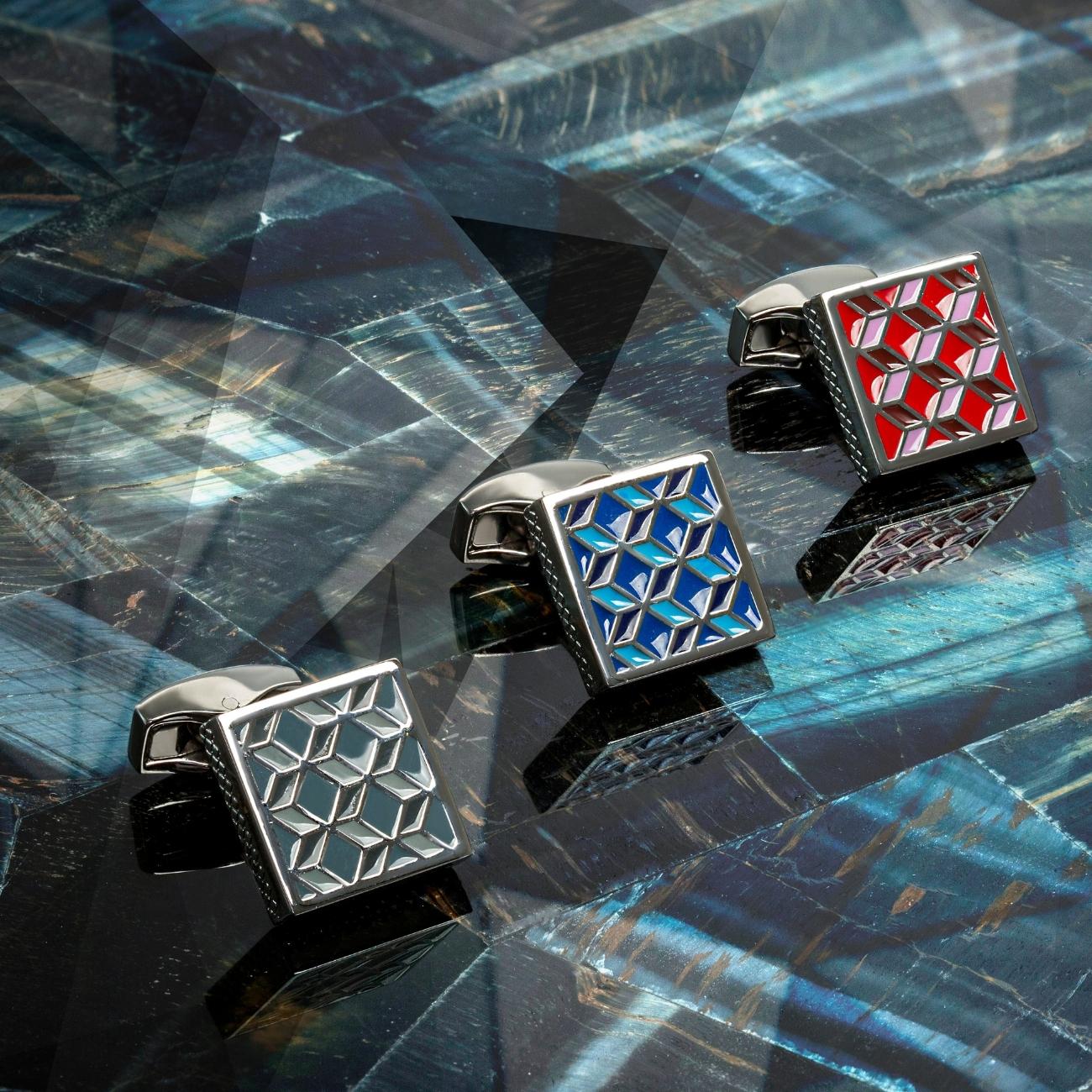 Palladium plated Geometric cufflinks with red enamel