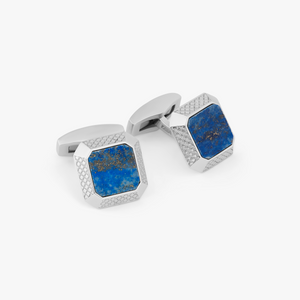 Rhodium plated sterling silver Signature Octo cufflinks with lapis