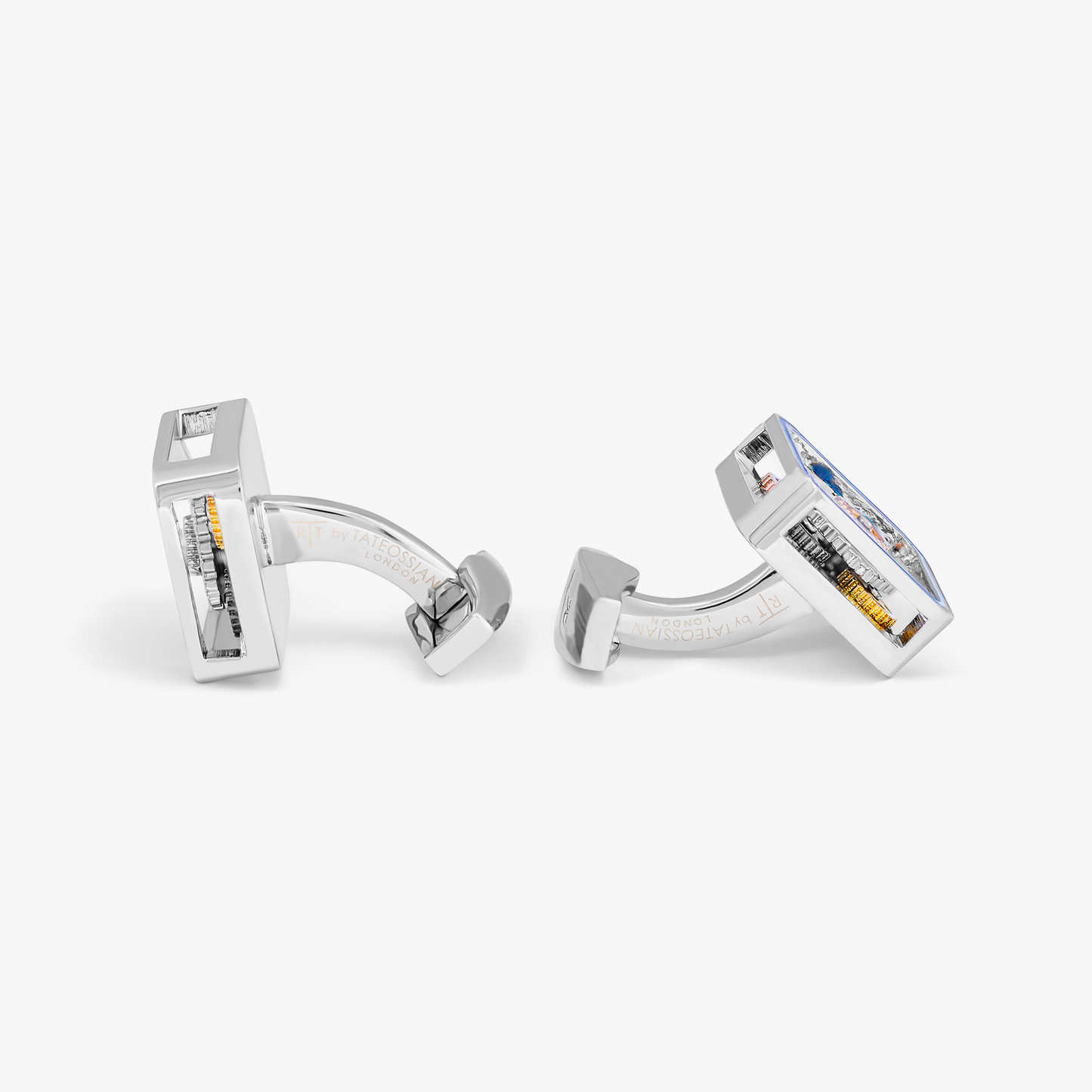 Quadrato Gear Cufflinks With Blue Enamel In Palladium Plated