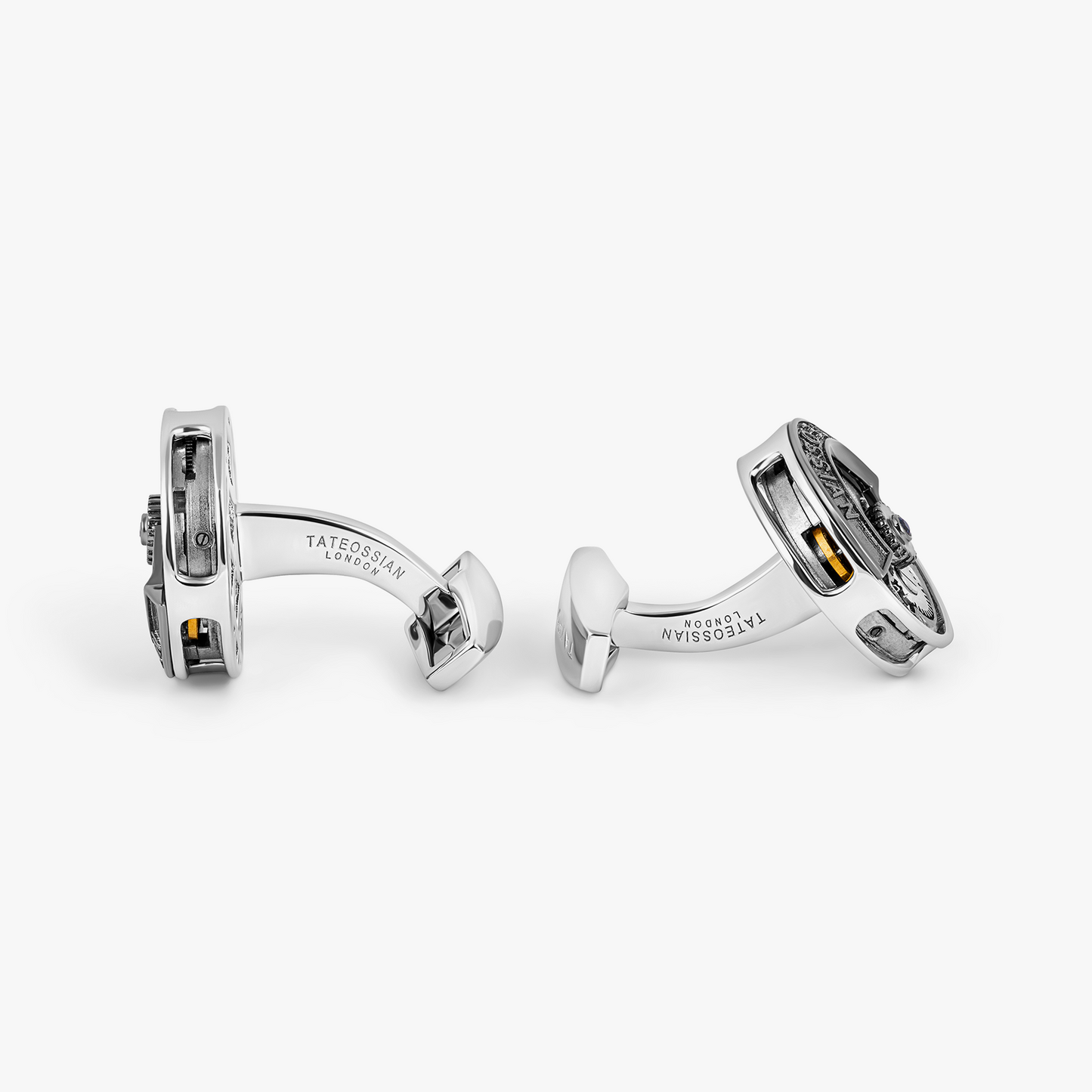 Deboss Round Skeleton Cufflinks in Rhodium Silver with Watch Movement