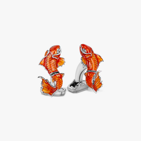 THOMPSON Koi Fish Cufflinks in White Bronze Plated with Orange Enamel
