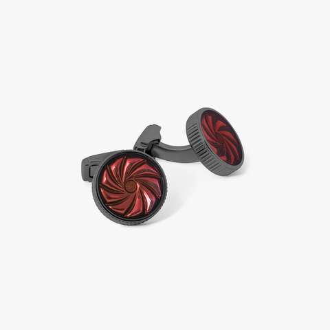 THOMPSON Optical Lens Cufflinks in Gunmetal Plated with Red Enamel