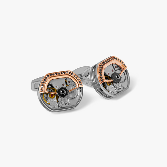 Diamond Tonneau Skeleton Cufflinks in Rhodium and Rose Gold Silver with Watch Movement (Limited Edition)