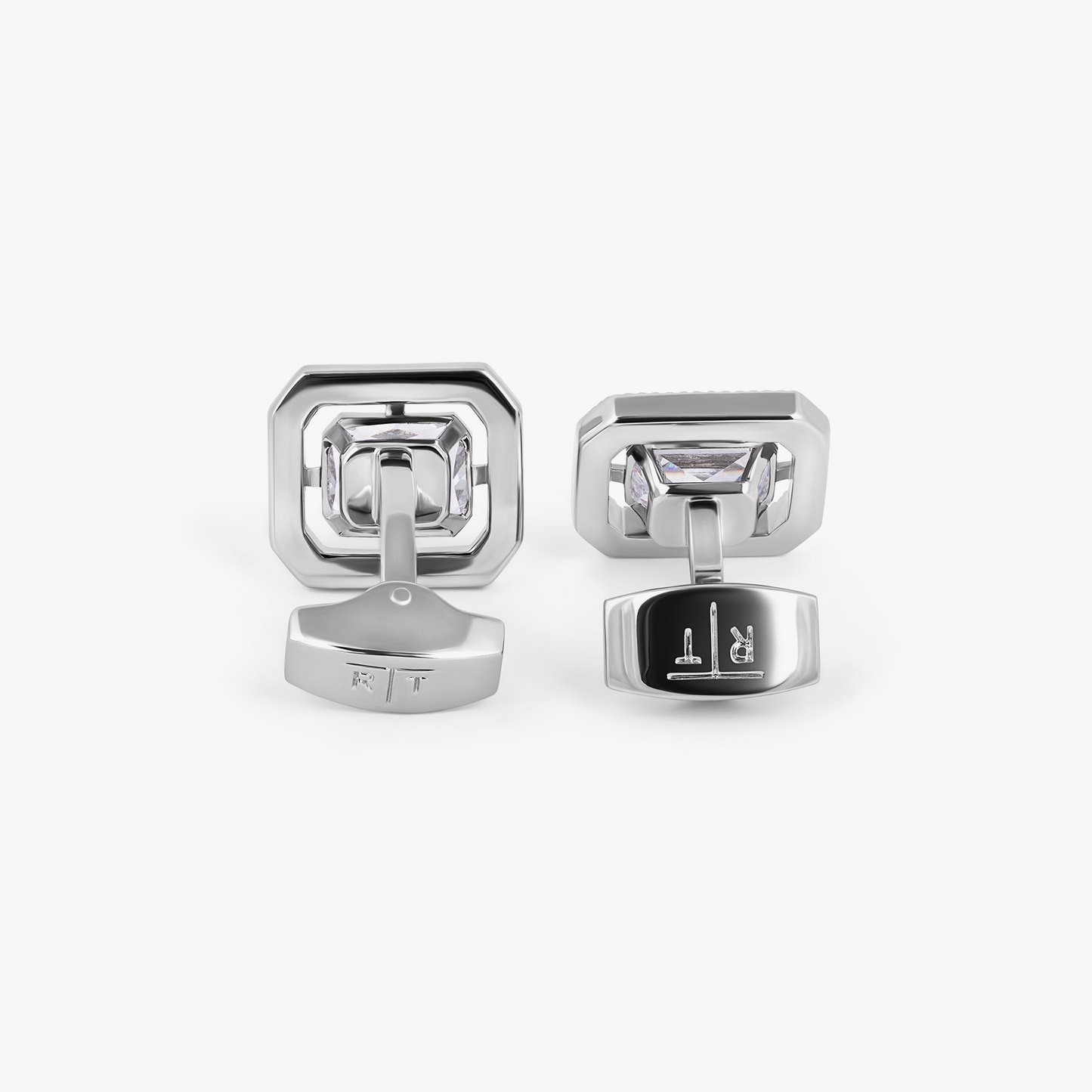 Halo Rectangular Cufflinks in Rhodium Plated with Clear Cubic Zirconia