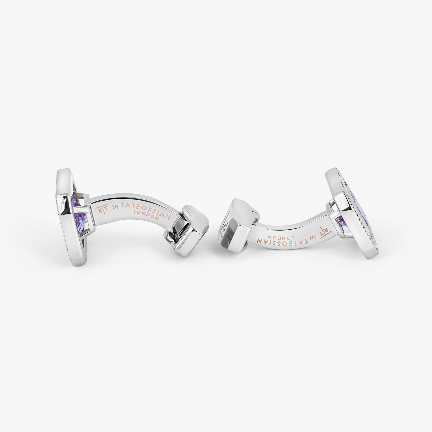 Halo Rectangular Cufflinks in Rhodium Plated with Lavender Cubic Zirconia